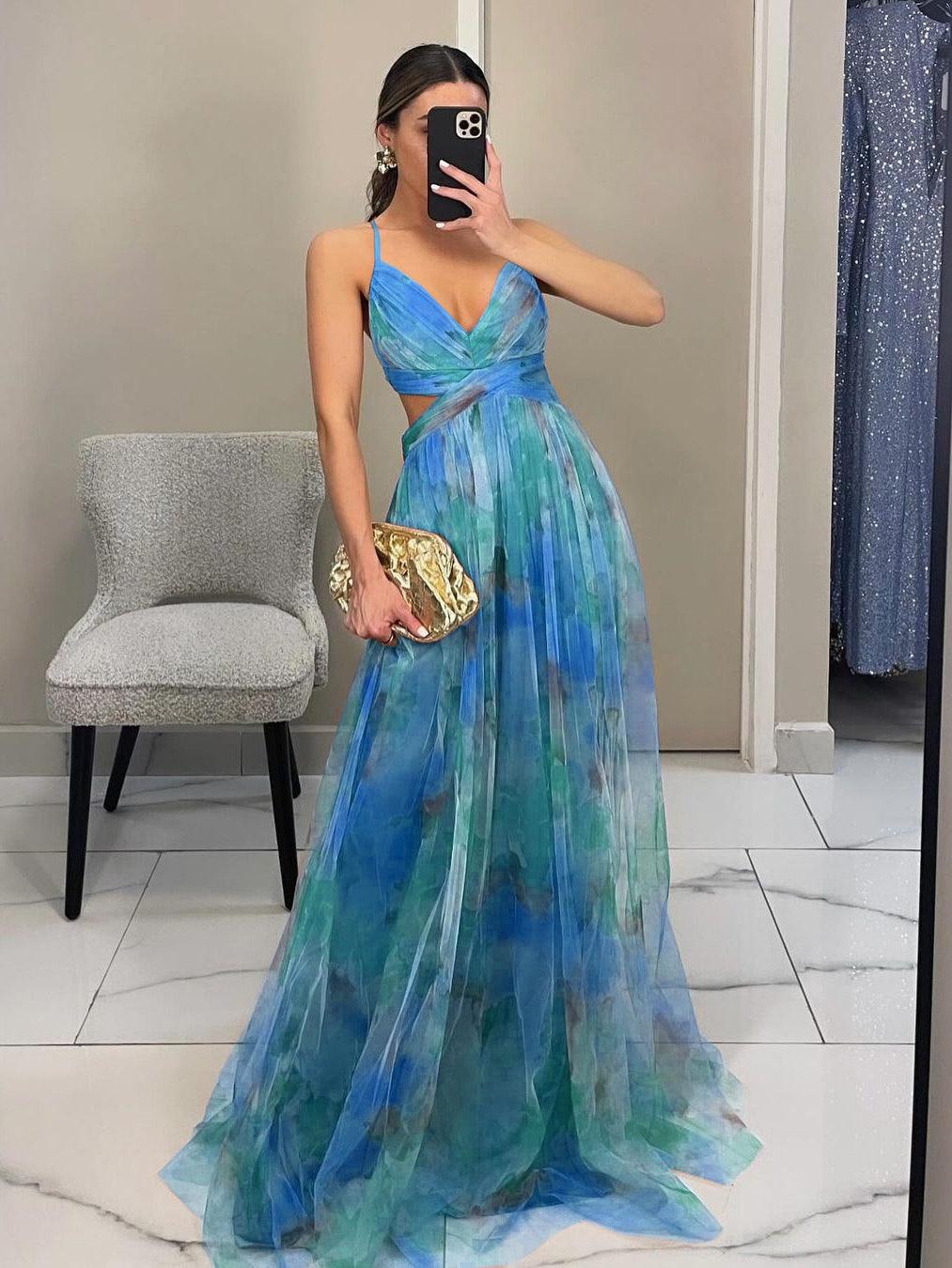 Floral painted tulle maxi dress women elegant V-neck A-line sleeveless ankle-length party gown