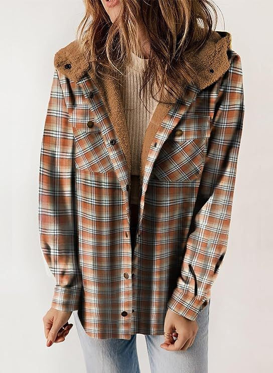 Women plaid wool blend coat relaxed fit with plush lined hood in classic fall winter style