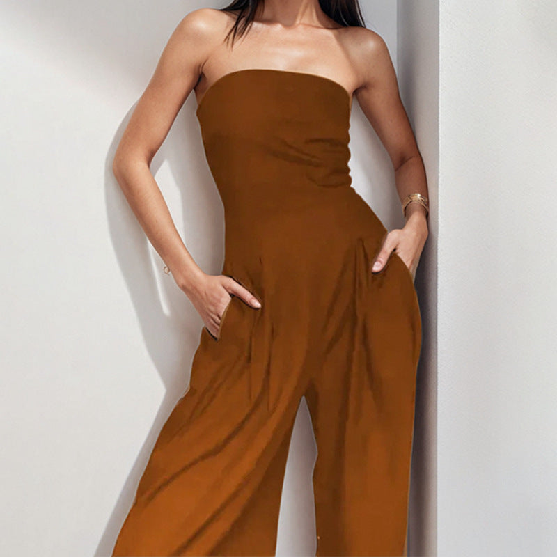 Women strapless wide-leg jumpsuit elegant formal fit smooth fabric subtle sheen elongating silhouette