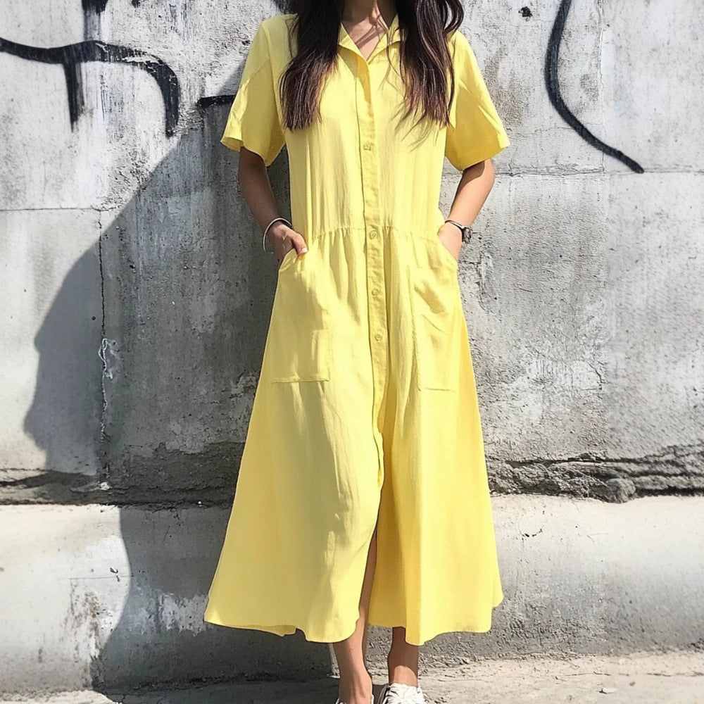 Women's relaxed-fit button-down cotton blend midi shirt dress in casual everyday style