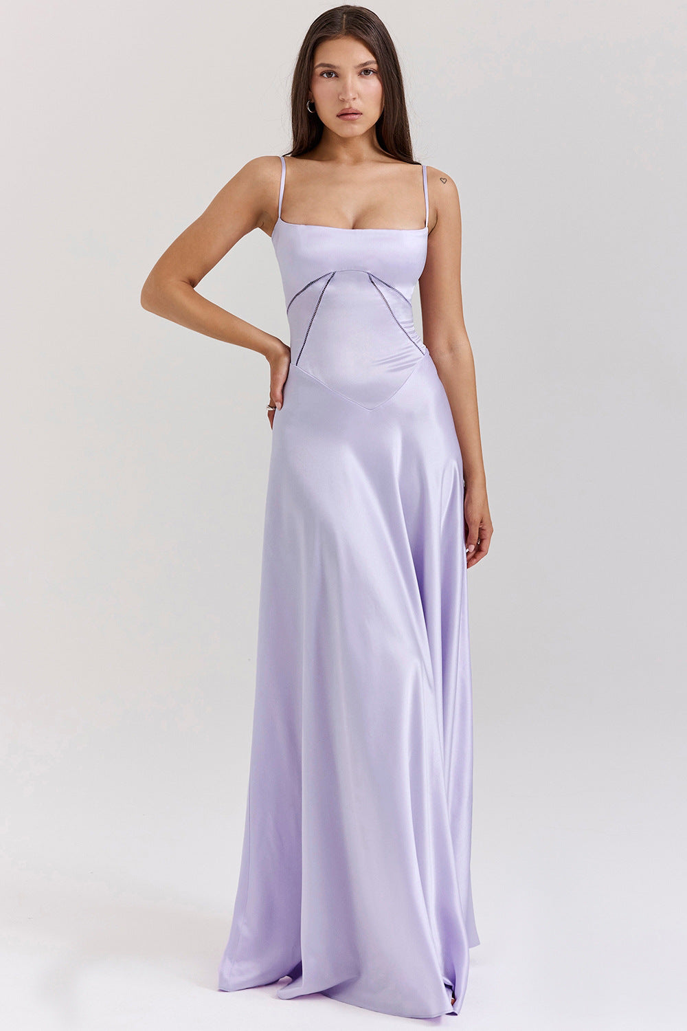 Women's satin A-line long dress spaghetti straps cut-out waist glamorous evening gown