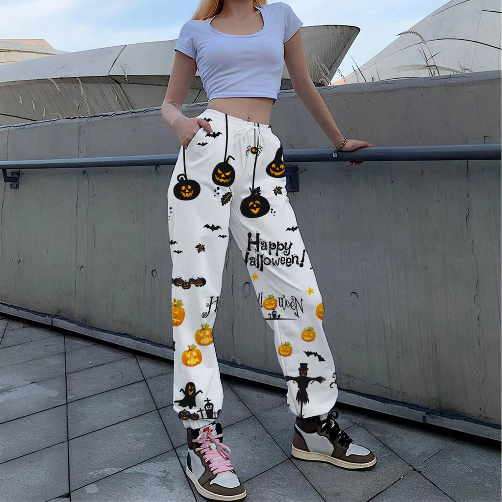 Women's relaxed fit full-length leisure trousers bold print cotton-feel fabric with drawstring waist