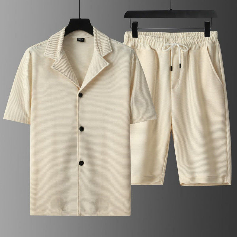Men's relaxed fit polo shirt and shorts set breathable ribbed texture two-piece summer outfit