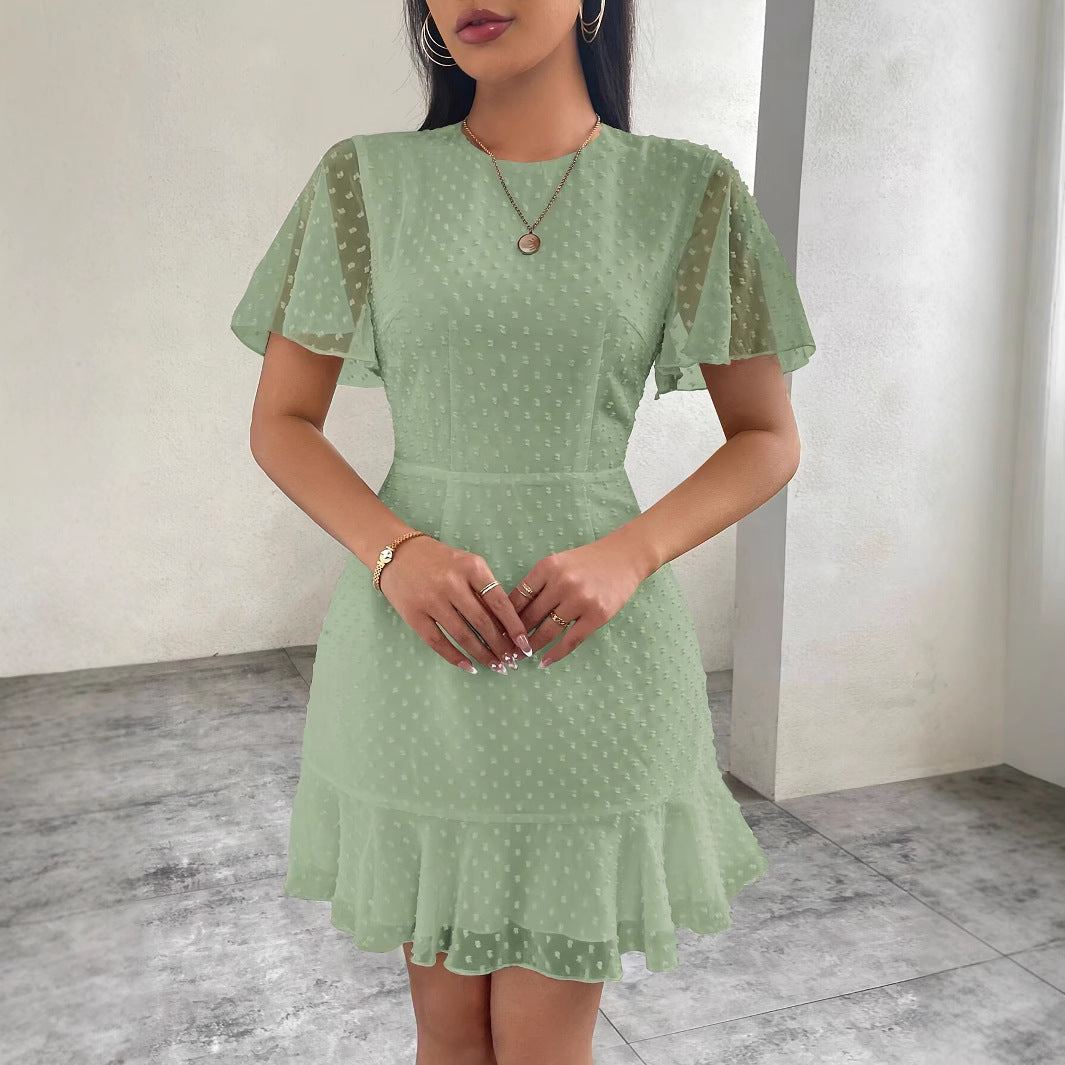 Women's navy blue A-line jacquard dotted viscose mini dress with short ruffle sleeves flattering fit