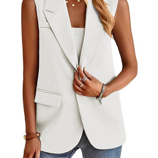 Women's tailored sleeveless blazer vest with notch lapel and single-button closure for professionals
