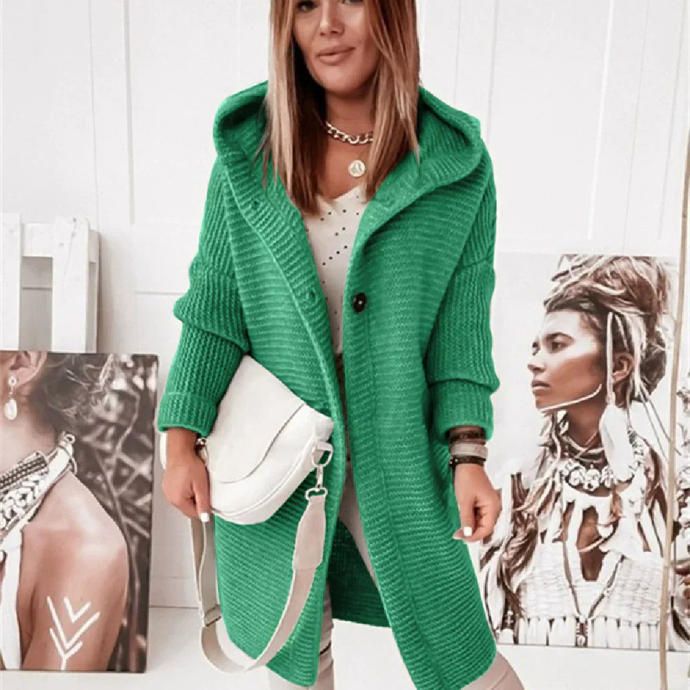 Women's hooded longline ribbed knit cardigan loose fit drop shoulder button-front cozy layer
