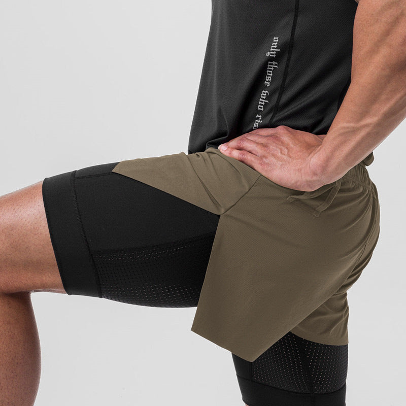 Men's black double-layer training shorts with compression liner, lightweight breathable performance fit for runners