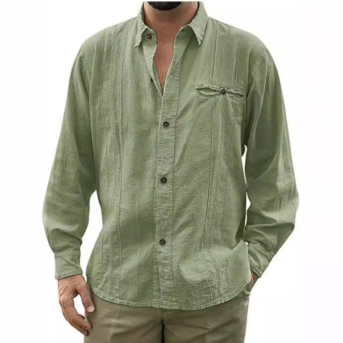 Men's relaxed fit breathable linen shirt long sleeve button closure chest pocket casual style