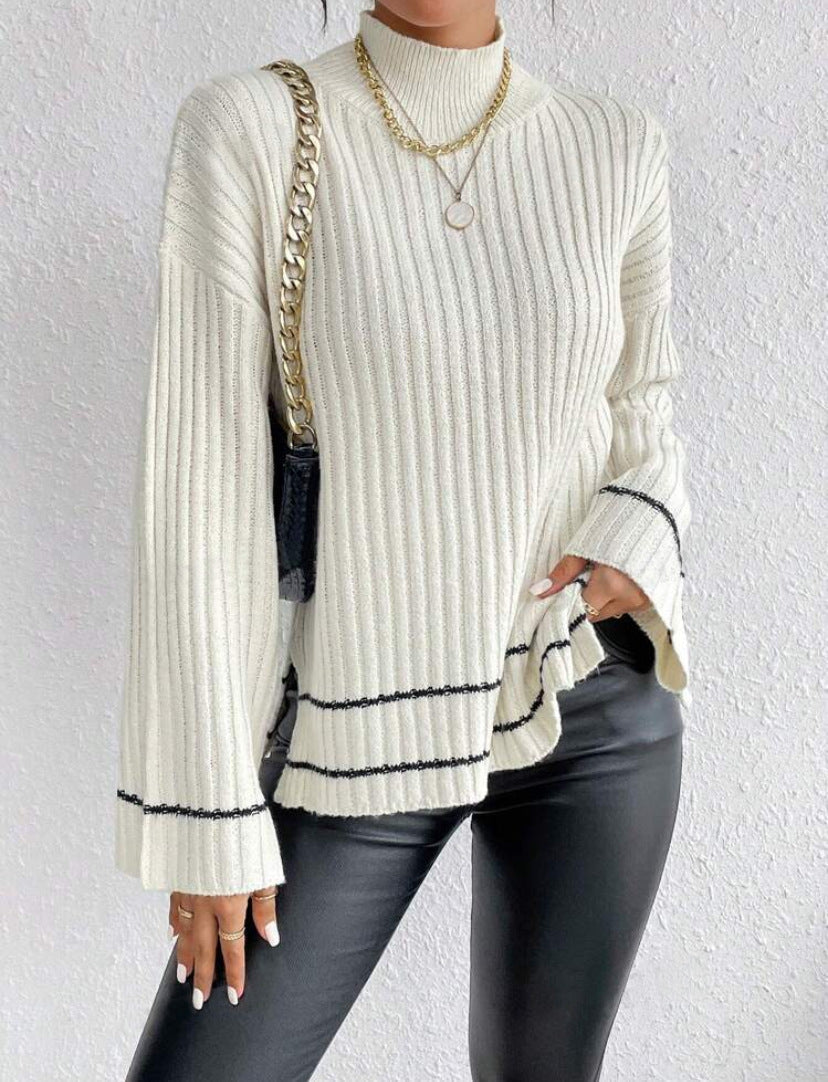 Women's relaxed fit ribbed knit sweater in cozy neutral tones, versatile casual to semi-formal style