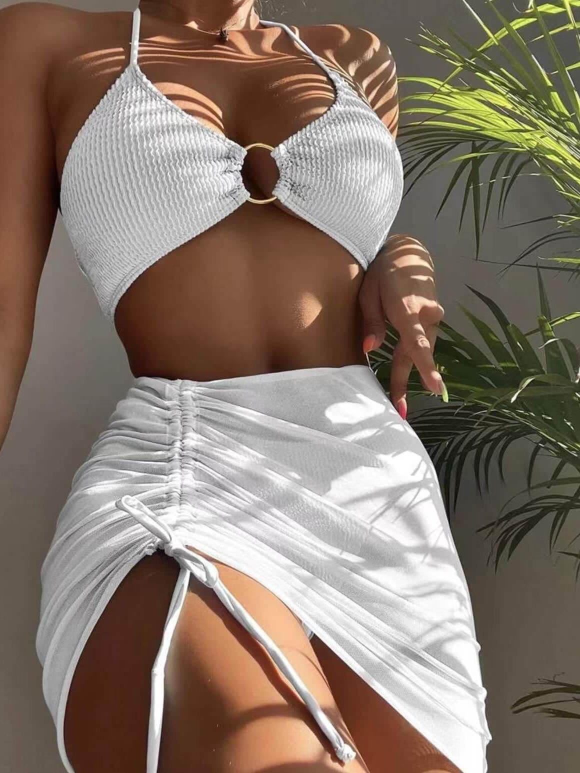 Solid color halter neck three-piece bikini set with cover-up, chic flattering swimwear for women
