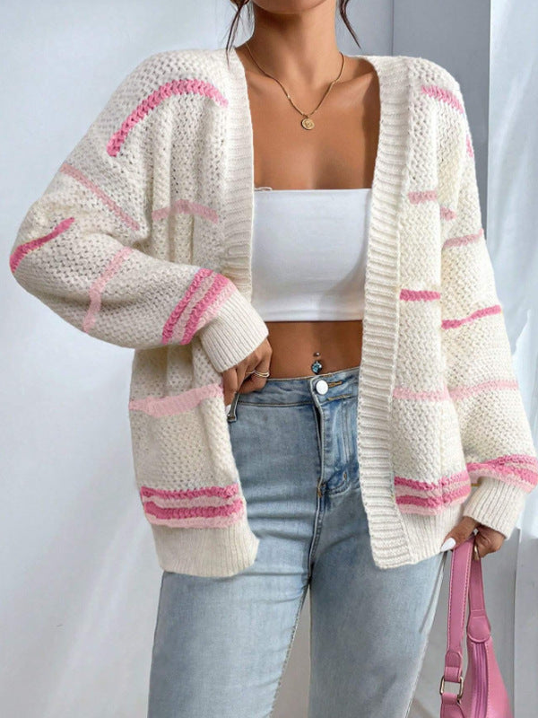 Women's oversized striped textured knit cardigan with soft ribbed edges, relaxed drape layering piece