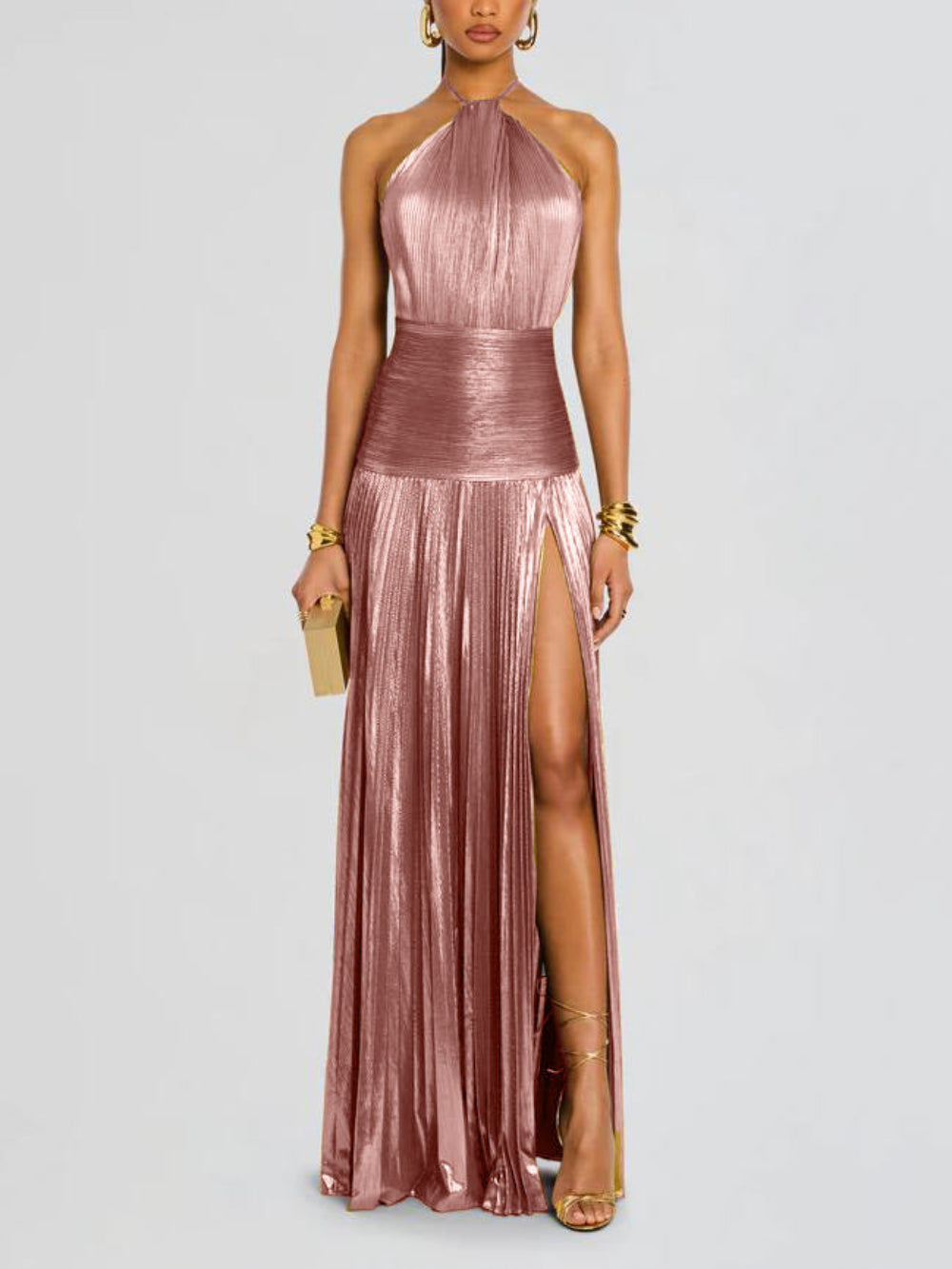 Thalia metallic peridot maxi dress with halter neck, open back, and sculpted waist for glamorous evenings