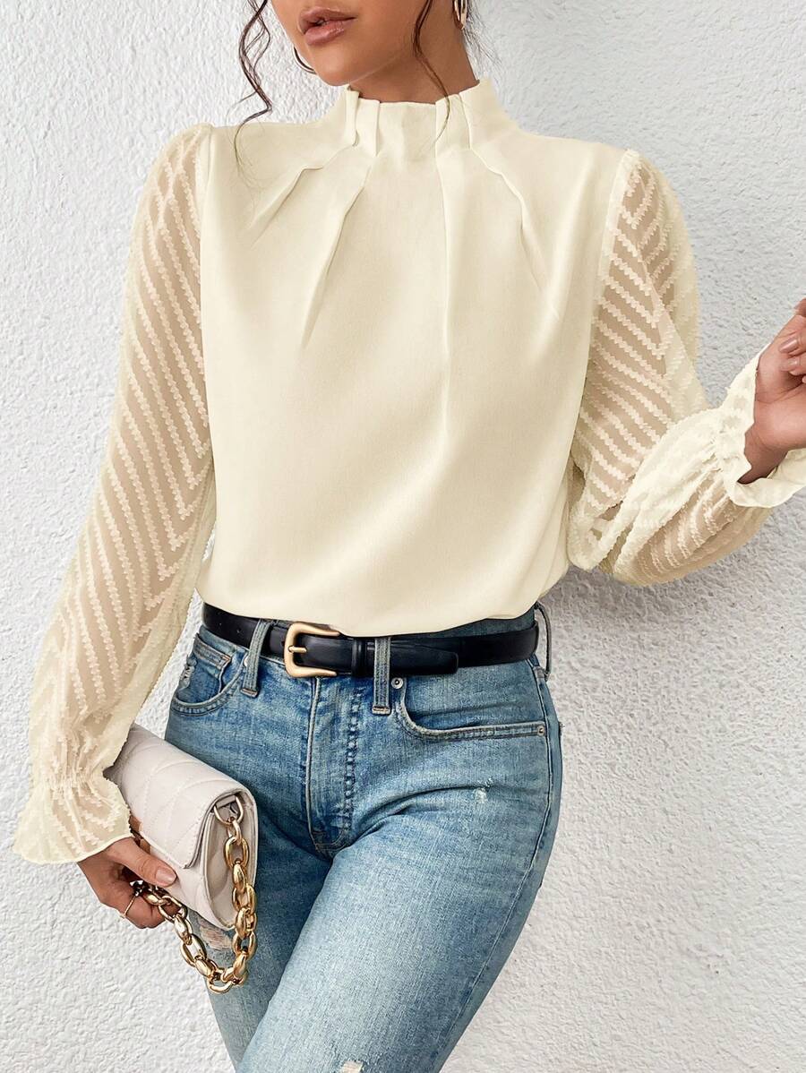Women's elegant blouse with pleated mesh sleeves, flared cuffs, sheer transparent detailing for office to evening