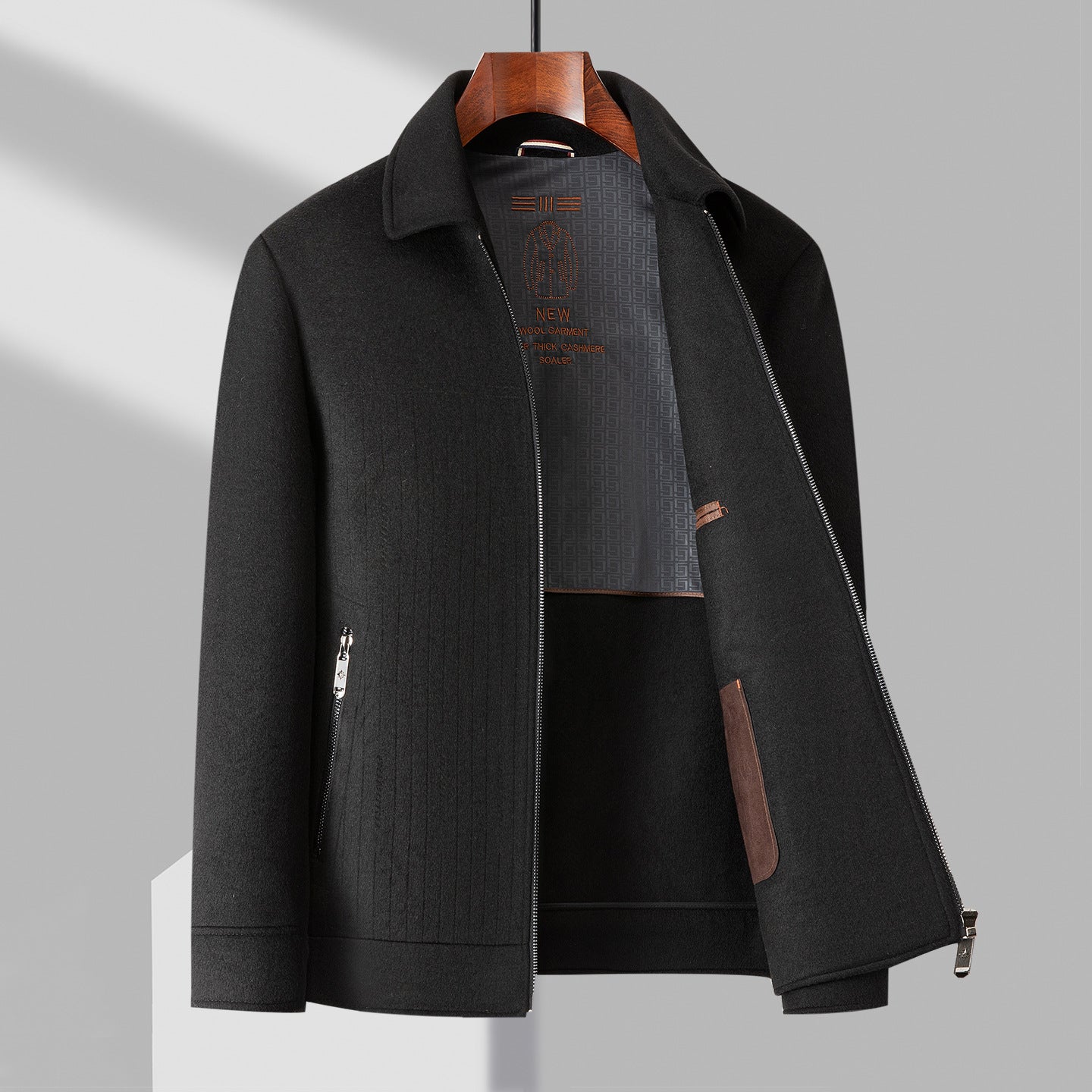 Men's structured wool-blend jacket with clean zip closure, refined silhouette in timeless style