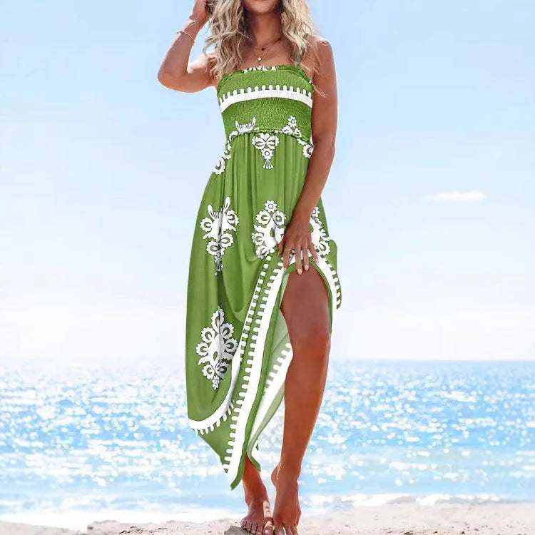 Women's strapless smocked bodice maxi dress paisley print A-line silhouette with side slit