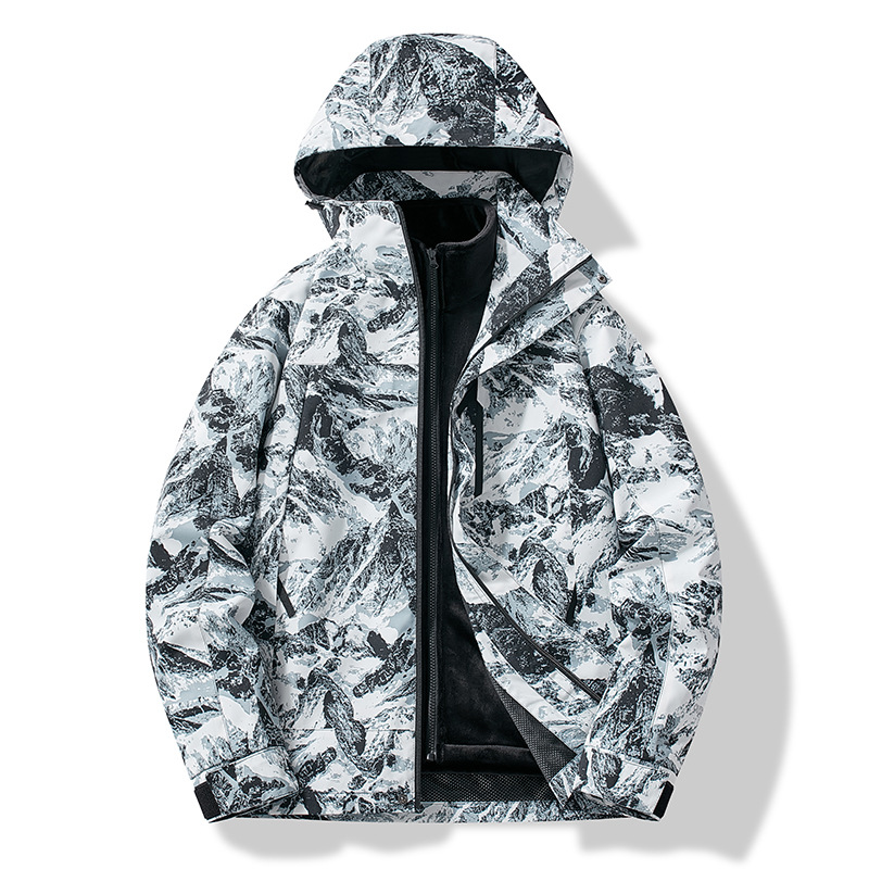 Men's mountain print ski jacket bold outdoor-inspired pattern structured fit protective hood winter gear