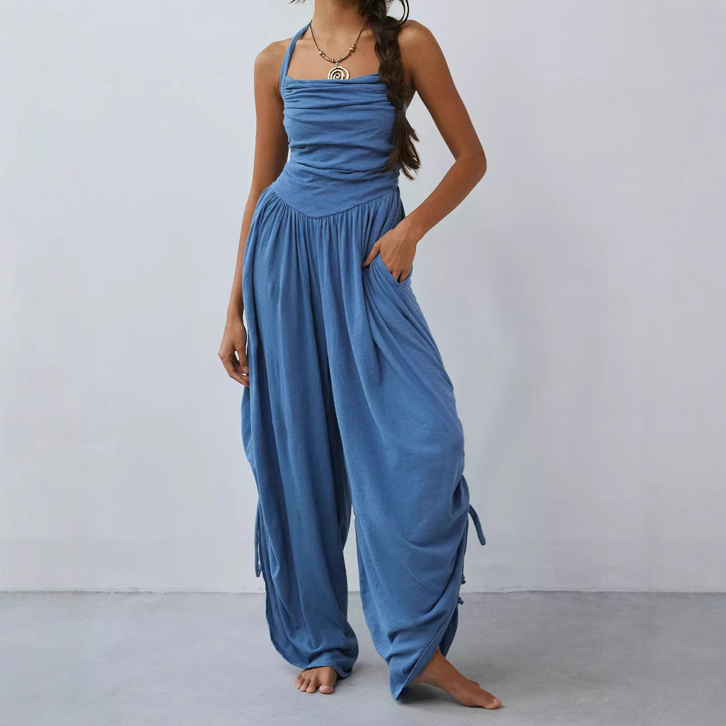 Women's halterneck wide-leg jumpsuit loose fit ruched bodice versatile one-piece for warm days