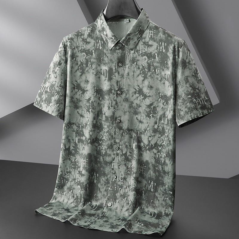 Unisex relaxed-fit ice silk shirt in abstract blue-green print, lightweight breathable short-sleeve casual top