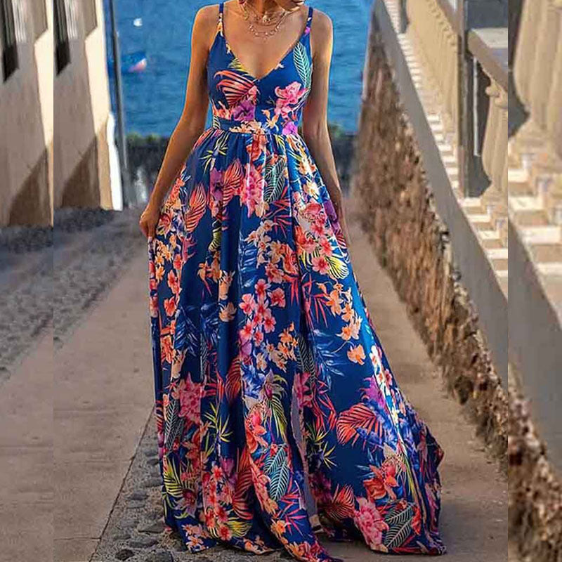 Women's A-line maxi dress with spaghetti straps, light breathable fabric, Nordic Flair print for summer