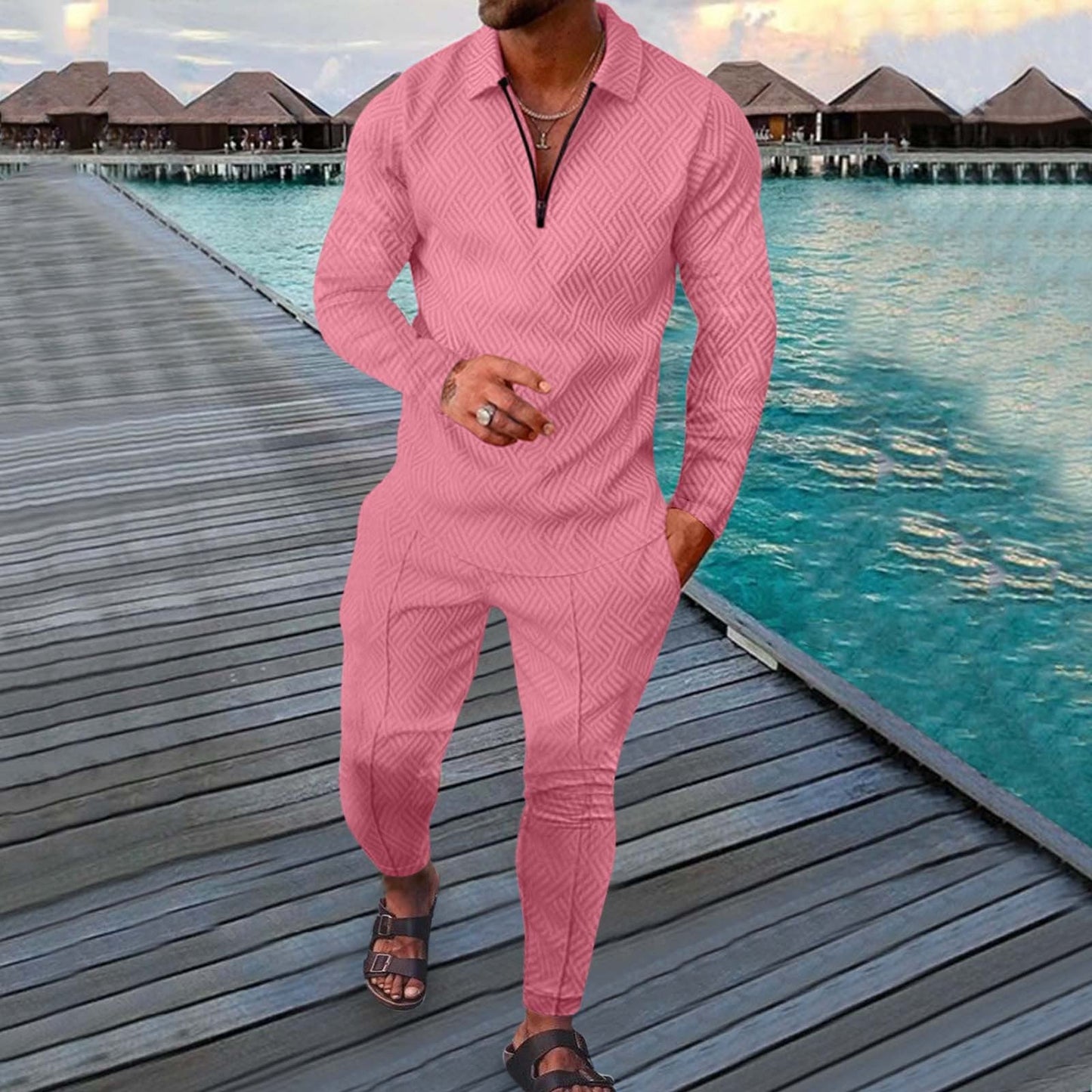Men's slim fit two-piece polo suit with breathable 3D print pattern for active and leisure wear