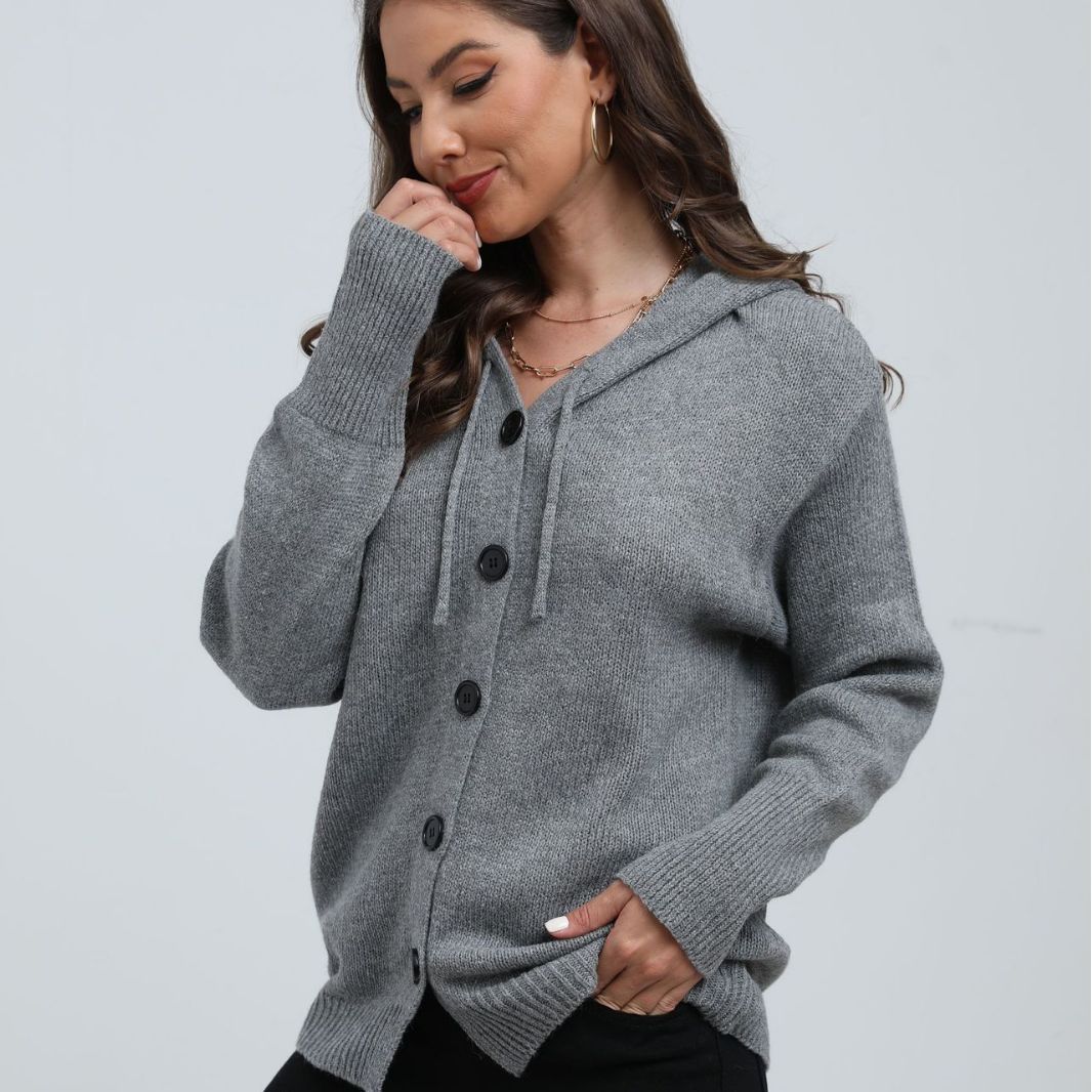 Women's hooded knit cardigan relaxed fit button closure cozy ribbed edges everyday comfort