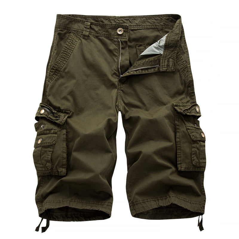 Men's khaki relaxed fit knee-length cargo shorts with multi-pocket utility design for outdoor adventure