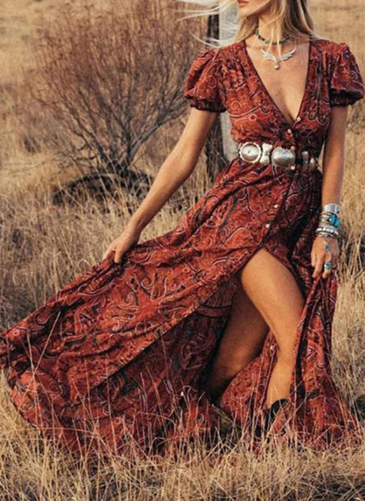 Women's maxi dress fitted waist puff sleeves front slit button detail spring summer elegant style