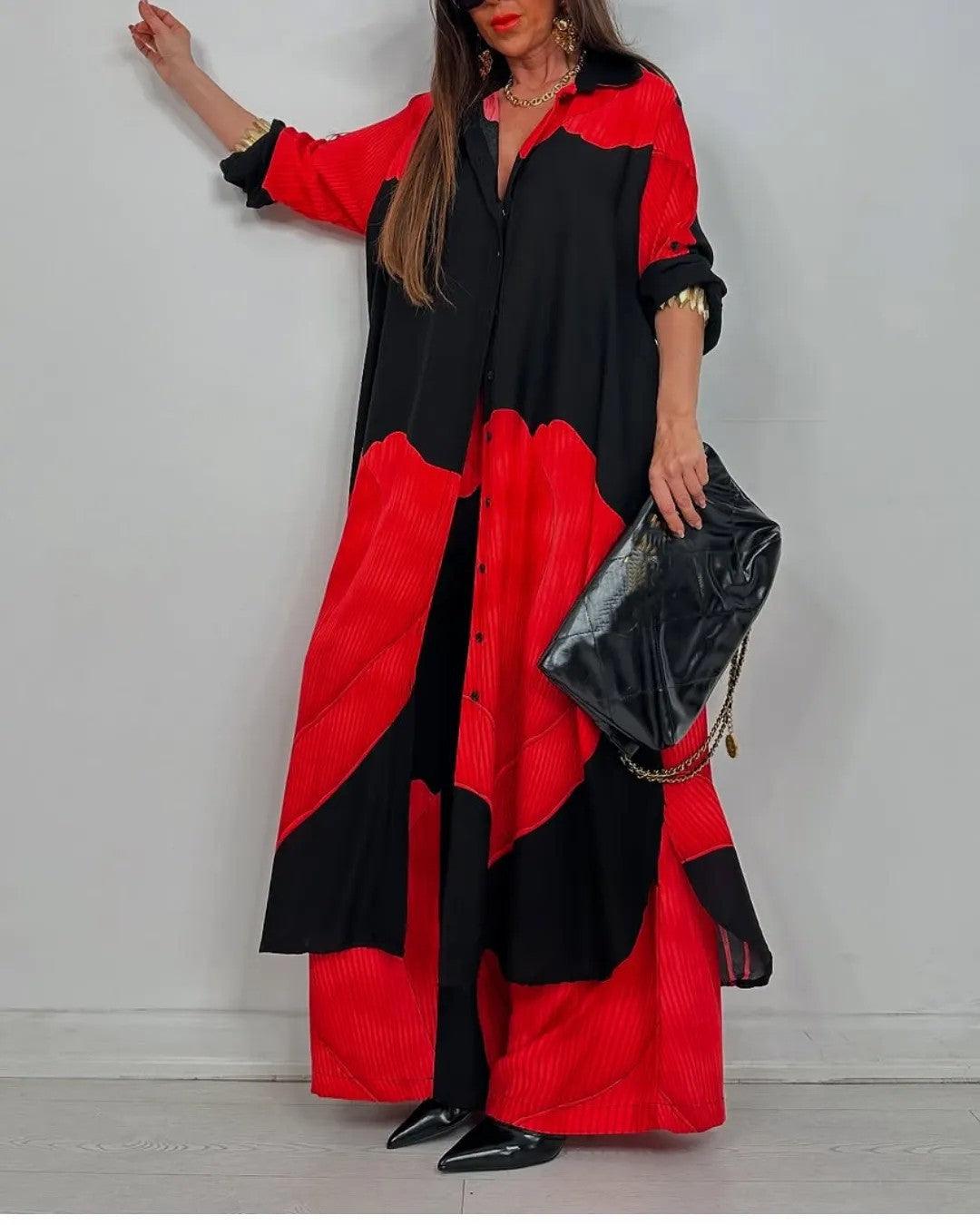Women's patchwork oversized top and pants set, casual chic V-neck matching outfit with bold motif