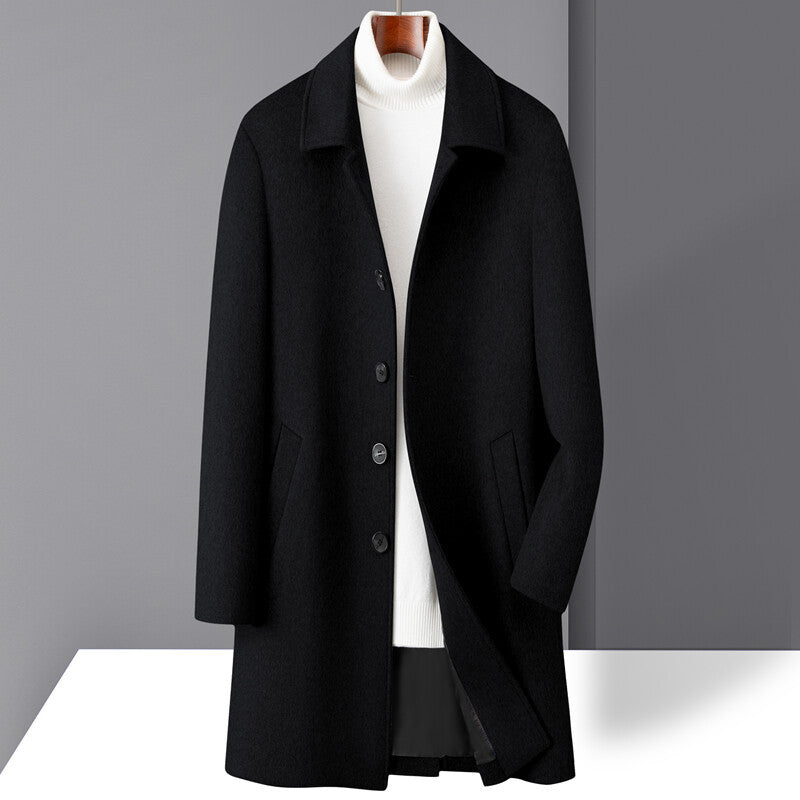 Men's mid-length wool blend single-breasted overcoat straight-cut silhouette premium structured drape