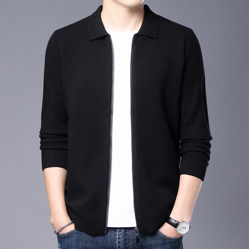 Men's slim fit wool cardigan with zipper closure, ribbed edges, classic collar, modern urban style