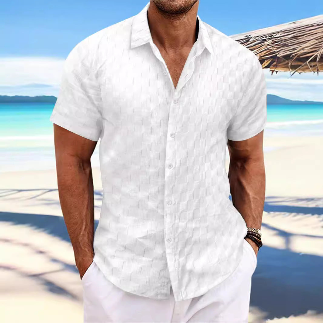 Men's beige textured weave cotton blend casual shirt, regular fit, breathable lightweight warm-weather style