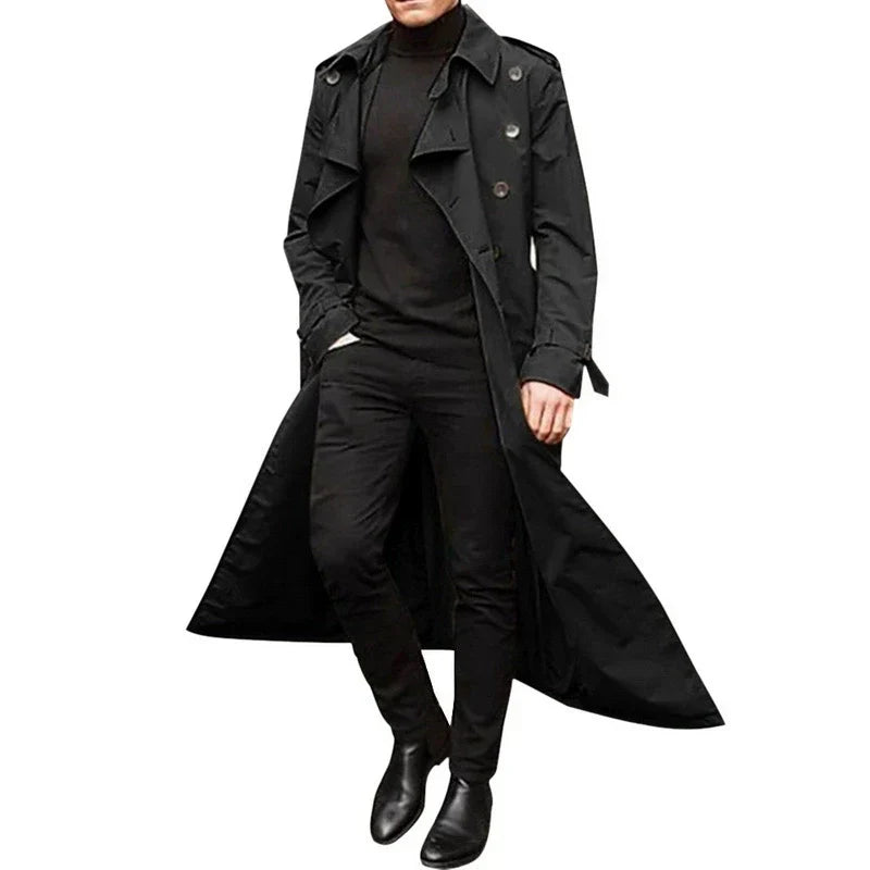 Men's tailored fit double-breasted full-length trench coat with notched lapels for a polished look