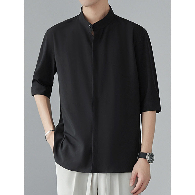 Men's relaxed fit breathable cotton shirt mandarin collar three-quarter sleeves casual everyday style