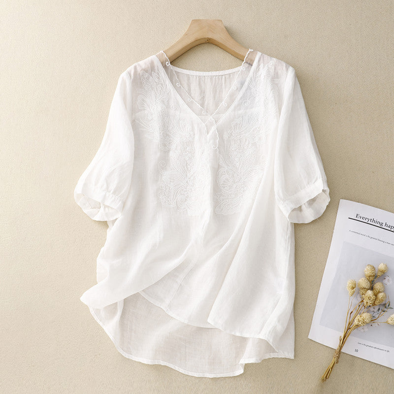Women's loose-fit V-neck short sleeve shirt with delicate embroidery, breathable summer essential