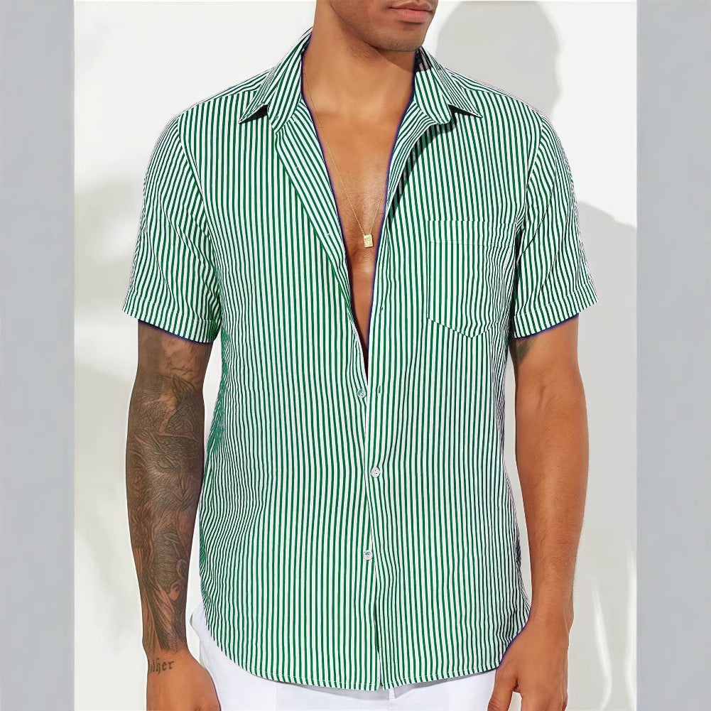 Men's relaxed fit short sleeve button-up shirt vertical stripes breathable cotton blend casual style