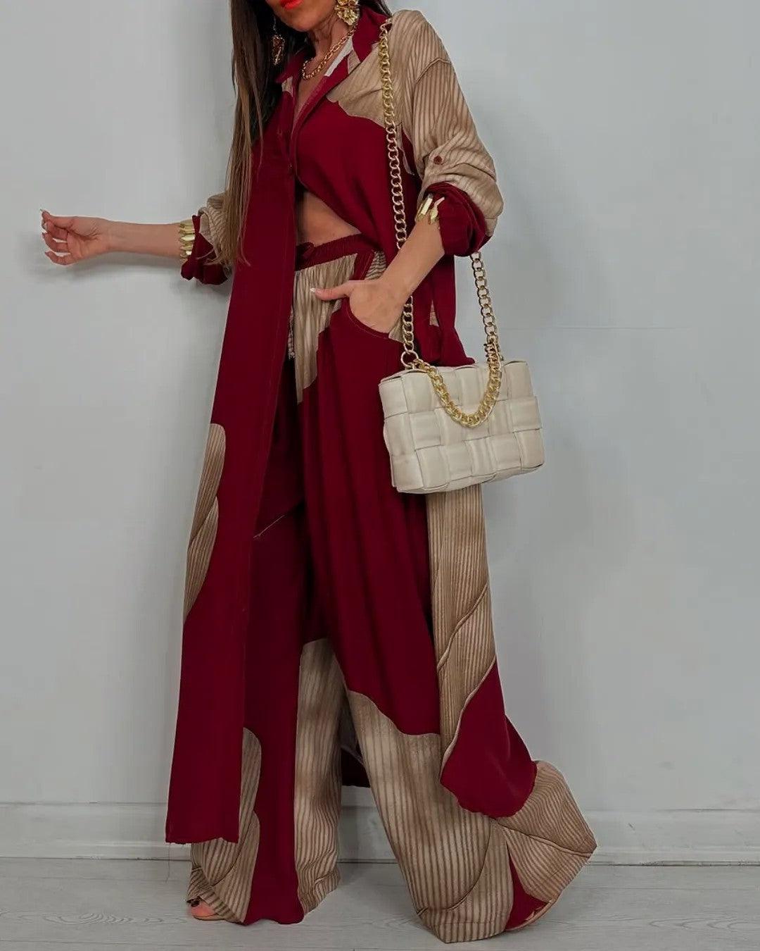 Women's patchwork oversized V-neck top and pants set, bold colorblock motif casual chic coord
