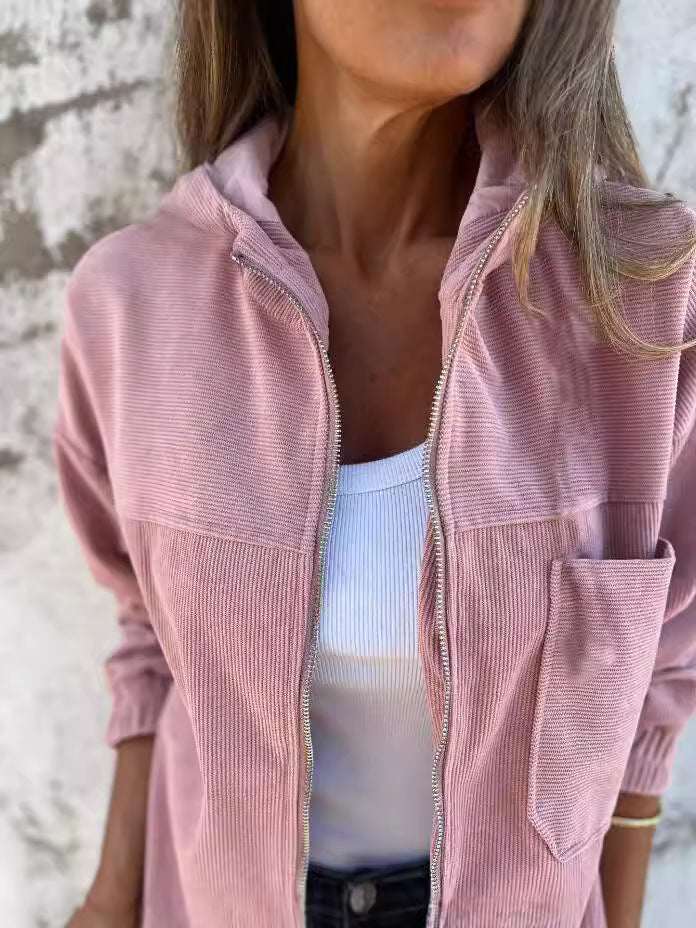 Women's tan corduroy hooded jacket relaxed fit zip front with elastic cuffs all-season casual wear