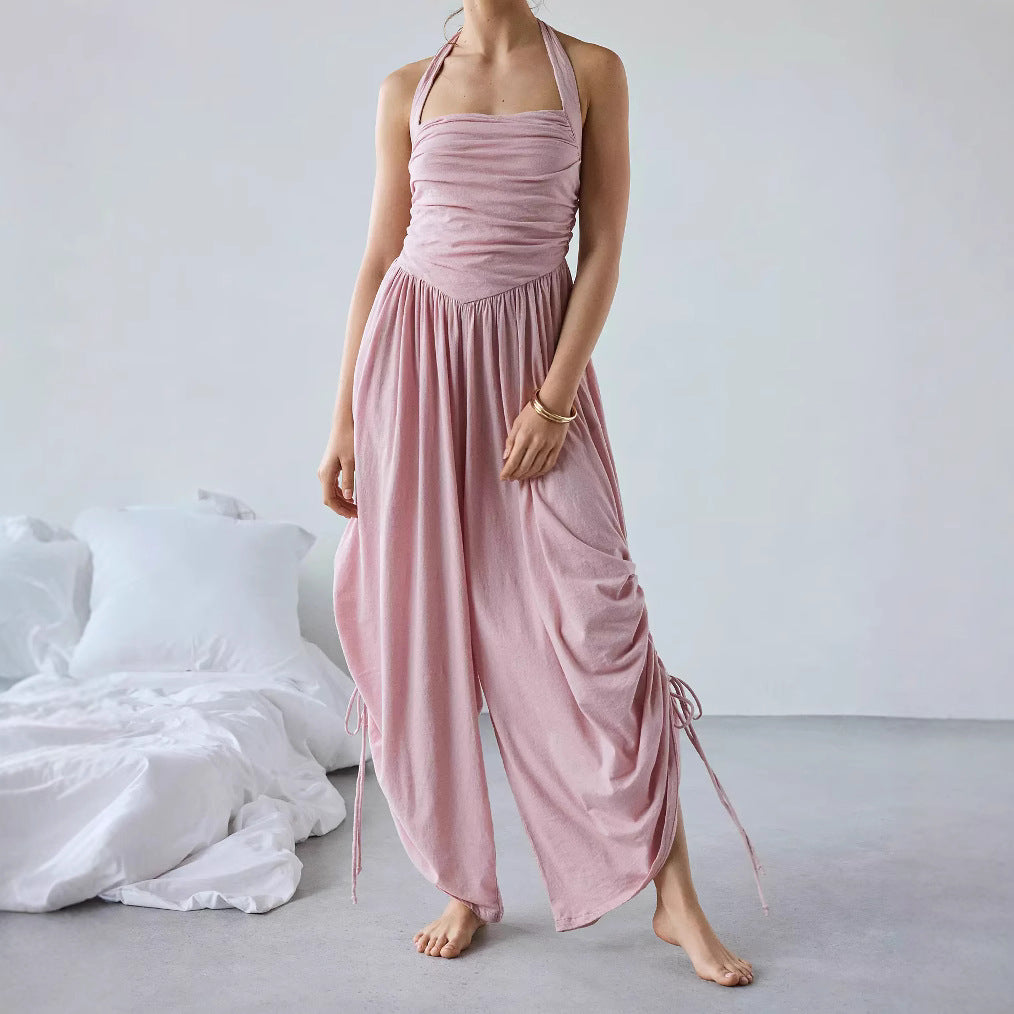 Women's halterneck jumpsuit loose fit ruched bodice wide leg in solid color casual chic style