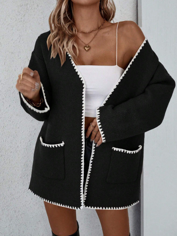 Women's oversized open-front knit cardigan in cozy cotton with ribbed edges and front pockets