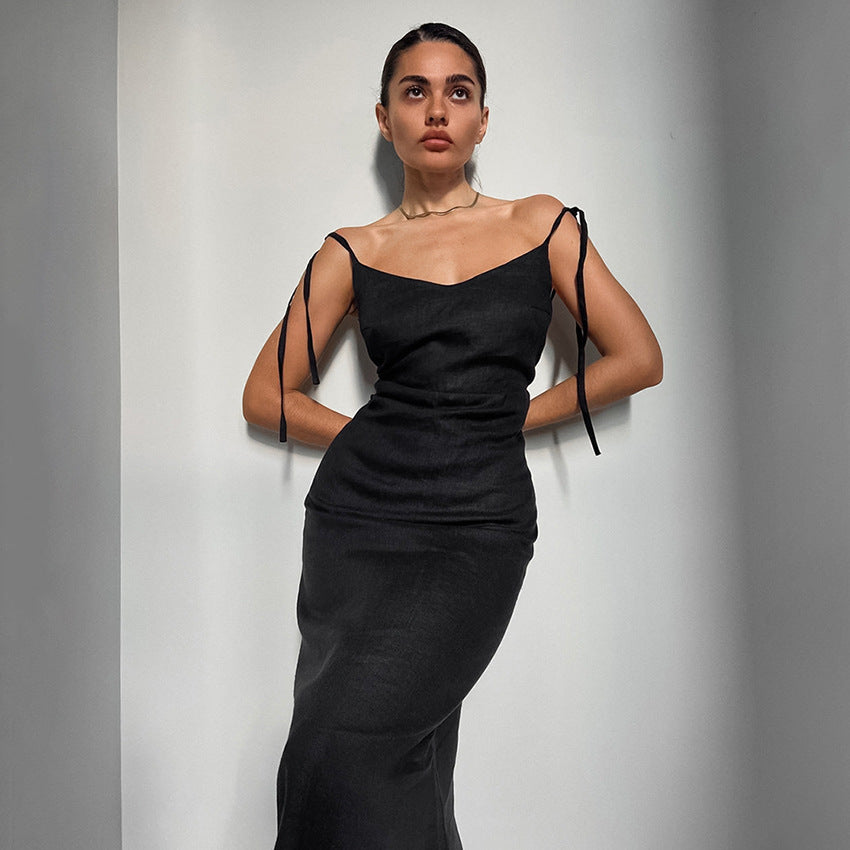 Women's breathable cotton linen maxi dress A-line silhouette with adjustable straps for summer