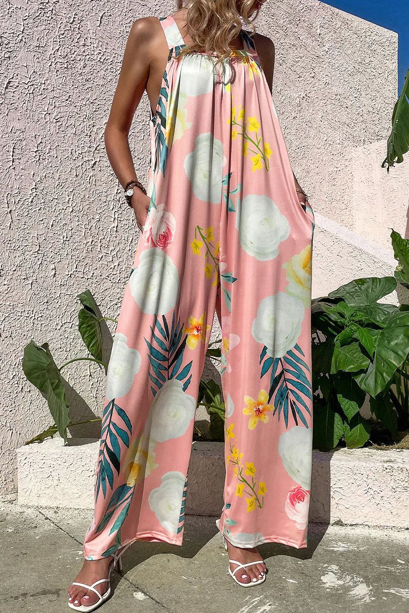 Women's loose fit wide leg printed strapless jumpsuit lightweight breathable summer casual style