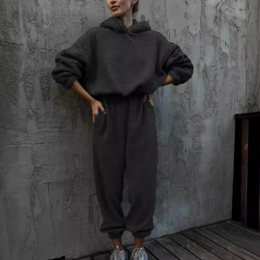 Women's plush fleece loungewear set oversized hoodie high-waist pants soft cozy two-piece
