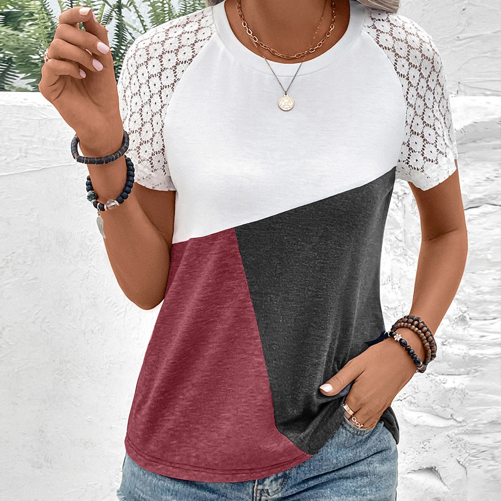Women's relaxed fit cotton blend tee with delicate lace sleeves and classic round neck casual style