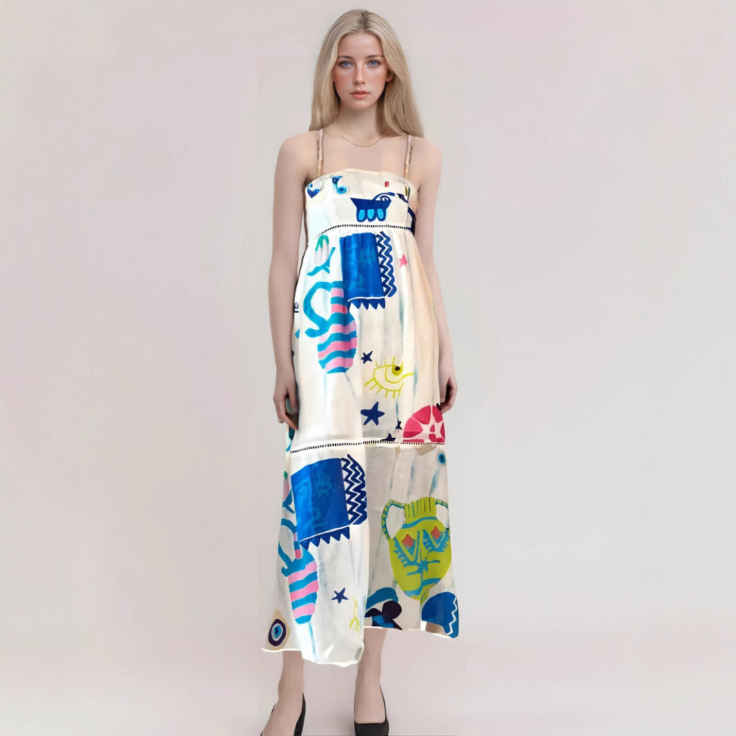 Women's strapless high-waist flowy maxi dress abstract print vacation style