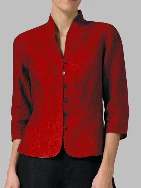 Women's chambray blouse stand-up collar modern tailored fit versatile everyday essential subtle weave texture