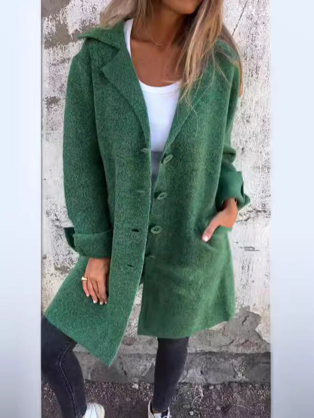 Women's mid-length wool-feel coat relaxed fit lapel collar single-breasted versatile everyday elegance