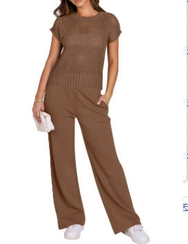 Women's beige open-knit top and wide-leg pants two-piece set relaxed casual summer outfit