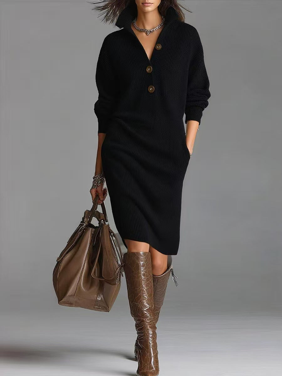 Women's knit button-front midi dress, relaxed silhouette with collared neckline for work to weekend