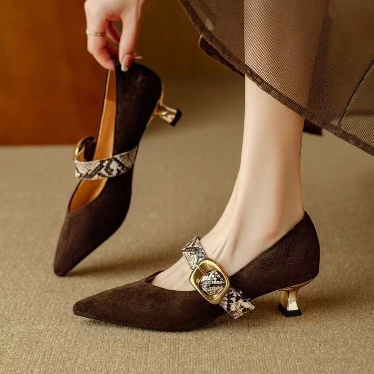 Women's pointed toe Mary Jane suede PU mid heel shoes with buckle strap in classic style
