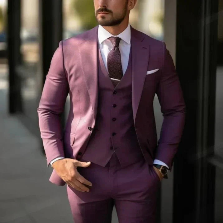 Men's navy 3-piece classic fit wedding suit with two-button blazer, waistcoat, and matching trousers
